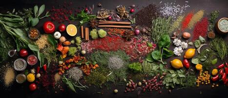 Herbs and spices for cooking with aesthetic arrangement, top view. photo