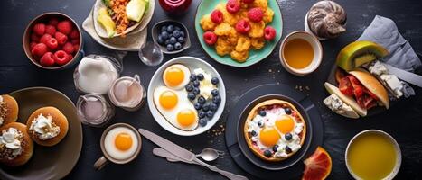 Set of American breakfast food with aesthetic arrangement, top view. photo