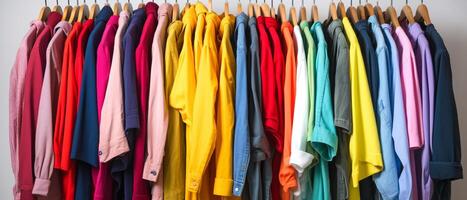 Fashion clothes on clothing rack - bright colorful closet. Closeup of rainbow color choice of trendy female wear on hangers in store closet or spring cleaning concept. Summer home wardrobe. photo