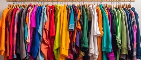 Fashion clothes on clothing rack - bright colorful closet. Closeup of rainbow color choice of trendy female wear on hangers in store closet or spring cleaning concept. Summer home wardrobe. photo