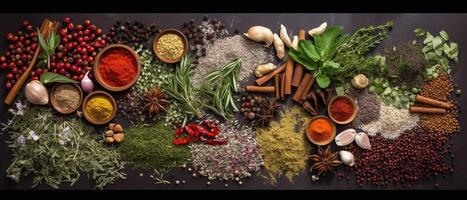 Herbs and spices for cooking with aesthetic arrangement, top view. photo