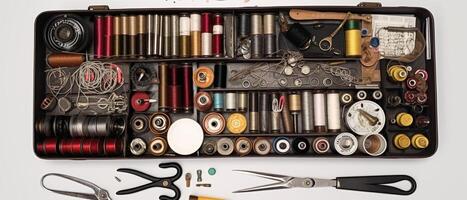 Set of sewing kit with aesthetic arrangement, top view. photo