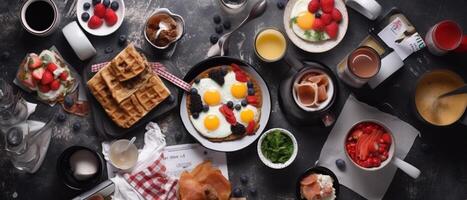 Set of American breakfast food with aesthetic arrangement, top view. photo