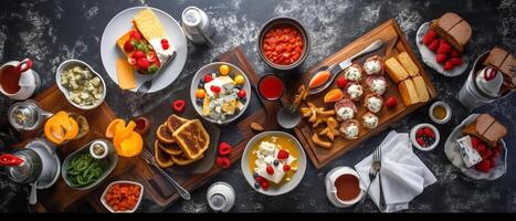 conjunto de americano desayuno comida con estético acuerdo, parte superior vista. foto