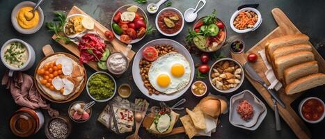 Set of American breakfast food with aesthetic arrangement, top view. photo