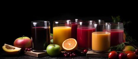 Various of juices with aesthetic arrangement on black background. photo
