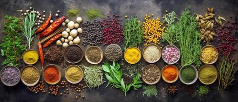 Herbs and spices for cooking with aesthetic arrangement, top view. photo