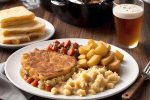 American cuisine. Cheese burger,American cheeseburger with Golden French fries on wooden background. photo