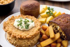 British cuisine. Porridge with lentils, baked potatoes and sour cream.fish and chips. photo