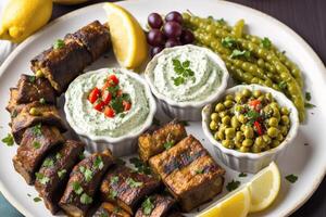 Greek cuisine. Traditional greek appetizer with hummus, olives, tomatoes and olive oil. photo