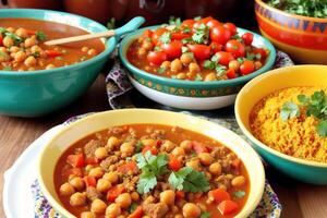 Moroccan cuisine. Chickpeas stewed with minced meat and vegetables in bowls. photo