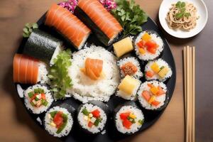 japonés cocina. Sushi y rollos en el mesa en el restaurante. generativo ai foto