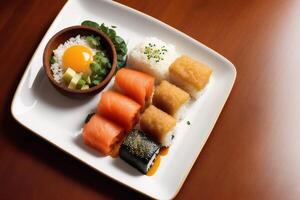 japonés cocina. Sushi y rollos en el mesa en el restaurante. generativo ai foto