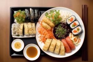 japonés cocina. Sushi y rollos en el mesa en el restaurante. generativo ai foto