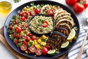 Mediterranean cuisine. Couscous with grilled chicken fillets and vegetables on plate. photo