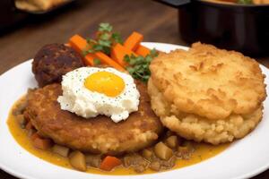 British cuisine. Porridge with lentils, baked potatoes and sour cream.fish and chips. photo