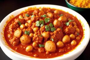 indio cocina. clasificado indio comida incluso garbanzos, curry, condimento y naan. generativo ai foto