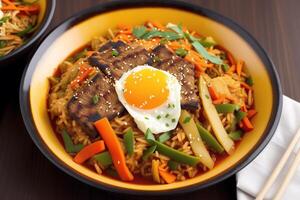 Korean cuisine. Bibimbap - Korean rice dish with fried egg and vegetables. photo