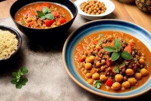 Moroccan cuisine. Chickpeas stewed with minced meat and vegetables in bowls. photo