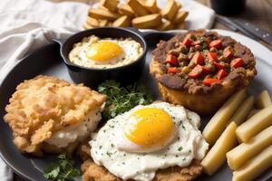 British cuisine. Porridge with lentils, baked potatoes and sour cream.fish and chips. photo