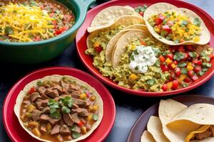 Mexican cuisine. Traditional mexican tacos with beef, tomato, onion and salsa. Mexican nachos photo