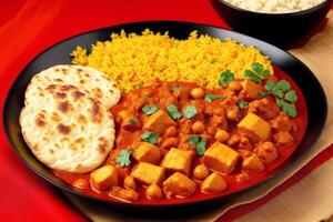 Indian cuisine. Assorted Indian food including chickpeas, curry, masala and naan. photo