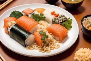 japonés cocina. Sushi y rollos en el mesa en el restaurante. generativo ai foto