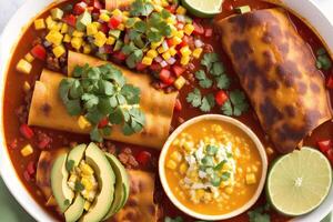 mexicano cocina. tradicional mexicano tacos con carne de res, tomate, cebolla y salsa mexicano nachos generativo ai foto