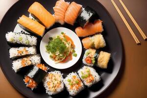 japonés cocina. Sushi y rollos en el mesa en el restaurante. generativo ai foto