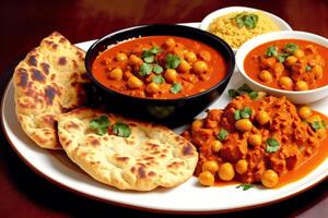 indio cocina. clasificado indio comida incluso garbanzos, curry, condimento y naan. generativo ai foto