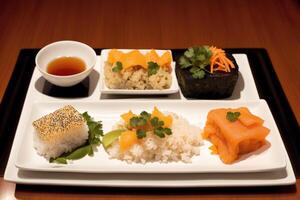 japonés cocina. Sushi y rollos en el mesa en el restaurante. generativo ai foto