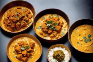 Indian cuisine. Assorted Indian food including chickpeas, curry, masala and naan. photo