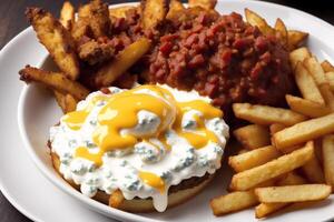 American cuisine. Cheese burger,American cheeseburger with Golden French fries on wooden background. photo