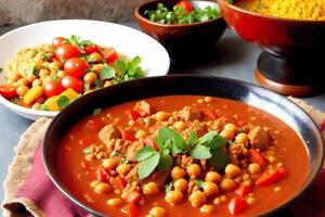marroquí cocina. garbanzos estofado con picado carne y vegetales en bochas. generativo ai foto