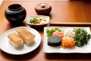 japonés cocina. Sushi y rollos en el mesa en el restaurante. generativo ai foto