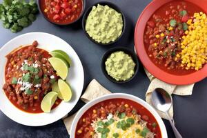 Mexican cuisine. Traditional mexican tacos with beef, tomato, onion and salsa. Mexican nachos photo