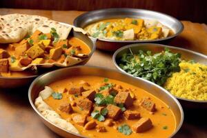 Indian cuisine. Assorted Indian food including chickpeas, curry, masala and naan. photo