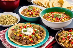 Mexican cuisine. Traditional mexican tacos with beef, tomato, onion and salsa. Mexican nachos photo