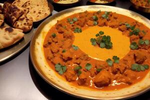 Indian cuisine. Assorted Indian food including chickpeas, curry, masala and naan. photo