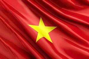 amarillo estrella y rojo fondo, ondulación el nacional bandera de Vietnam, saludó un muy detallado de cerca. ai generado foto