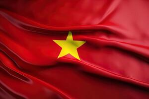 yellow star and red background, waving the national flag of Vietnam, waved a highly detailed close-up. photo