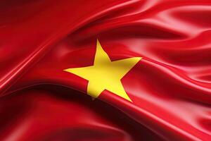 amarillo estrella y rojo fondo, ondulación el nacional bandera de Vietnam, saludó un muy detallado de cerca. ai generado foto