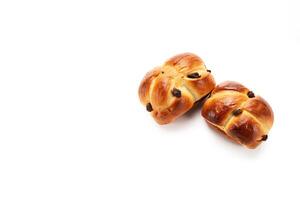 top view a group of buns with raisin toppings isolated on solid white background with copy space. photo