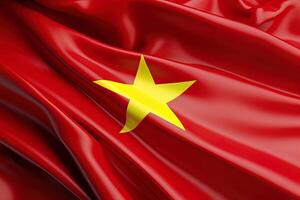 yellow star and red background, waving the national flag of Vietnam, waved a highly detailed close-up. photo