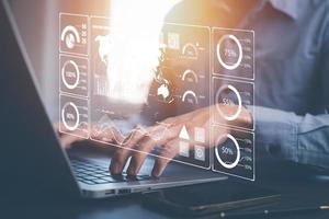 Working Data Analytics and Data Management Systems and Metrics connected to corporate strategy database for Finance, Intelligence,  Business Analytics with Key Performance Indicators, social network photo