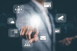 Hand touch fingerprint with virtual global with cyber security, login, User, identification information cyber security and encryption, secure access to users personal information, secure Internet photo
