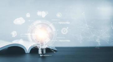 Artificial intelligence AI with light bulb concept, Light bulb Global Internet connection with Business global internet connection application technology and digital marketing, technology innovation photo