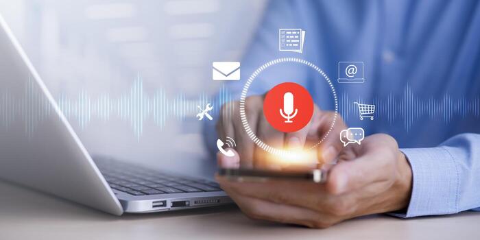 Businessman using smartphone touch microphone button on virtual screen. Blog blog speak talk advertising presentation,Voice recognition, speech detection and deep learning application,Voice Assistance photo