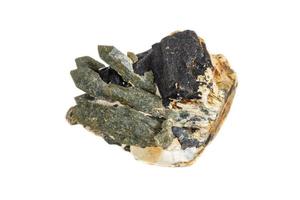 Macro mineral stone Quartz Hedenbergite Prase on ilvite on a white background photo