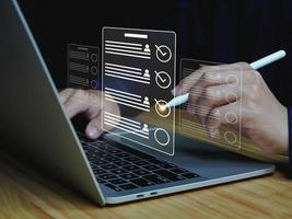 The concept of doing an online test or questionnaire icon. Team Satisfaction Survey, Service, Technology Usage photo